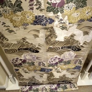 Vintage Oriental tapestry fabric cranes and purple flowers with gold and green